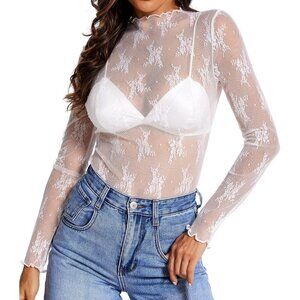 Women White Long Sleeve Mesh Top Mock Neck Sheer Blouse Lace Shirt Layering Top